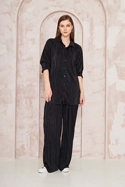 Yıldızistan بنطلون نسائي أسود قماش قابل للتمدد بليسيه بخصر مطاطي، قميص تونيك،...