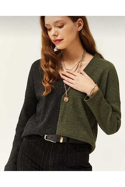 Pasaklı Giyim Women's Anthracite Khaki V-Neck Long Sleeve Two Color Winter Sweater2778170