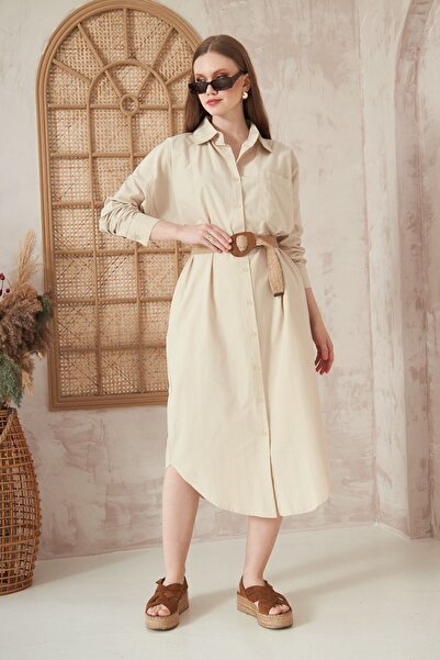 Yıldızistan Γυναικεία φαρδιά μακρυμάνικη ποπλίνα τσέπη Oversize μακρύ casual αθλητικό πουκάμισο πέτρινο φόρεμα 3555270