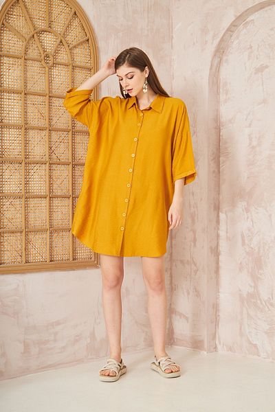 Yıldızistan Mustard Midi Linen Shirt Dress - Half Folding Sleeves, Loose3582240