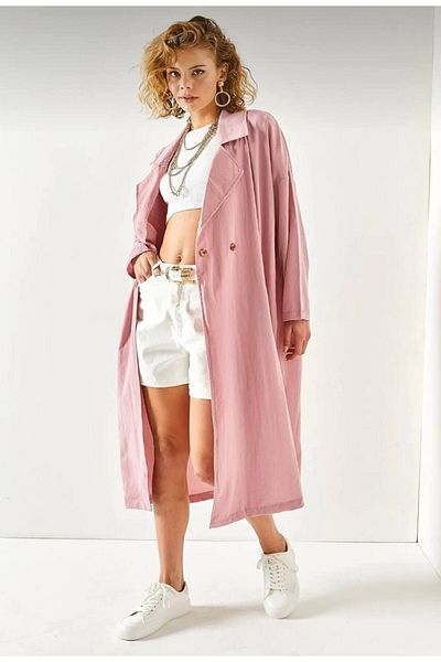 Pasaklı Giyim Cardigan lung trench cu textura moale cu buzunar roz, cu curea, cu nasturi, pentru femei3335370