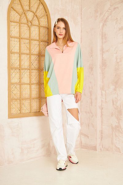 Pasaklı Giyim Damen-sweatshirt Mit Polokragen – Fledermaus/gummimanschette, Pudergrün-gelb 3473270