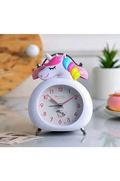 Hera Hediyelik Unicorn Işıklı Alarmlı Masa Saati Çift Çanlı Akar Saniyeli Dekoratif Çalar Saat