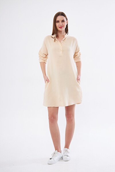 Yıldızistan Women's Stone Muslin Long Sleeve Prevailing Collar Pocket Casual Summer Tunic Shirt Dress3520260