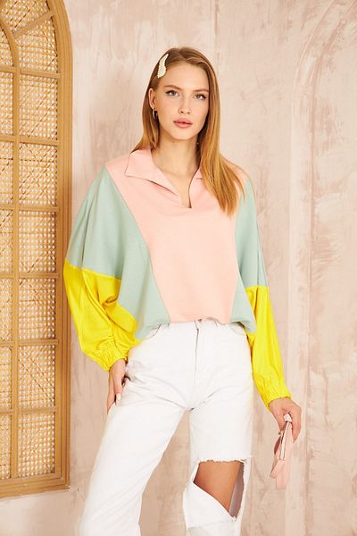 Pasaklı Giyim Damen-sweatshirt Mit Polokragen – Fledermaus/gummimanschette, Pudergrün-gelb 3473270
