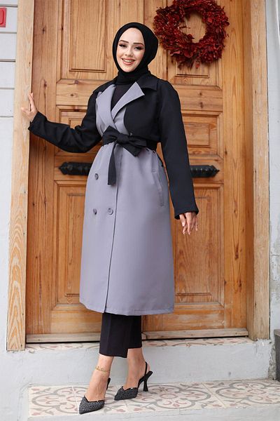 MİSSKAYLE Gray Trench Coat 4435 - Garnished Sleeve