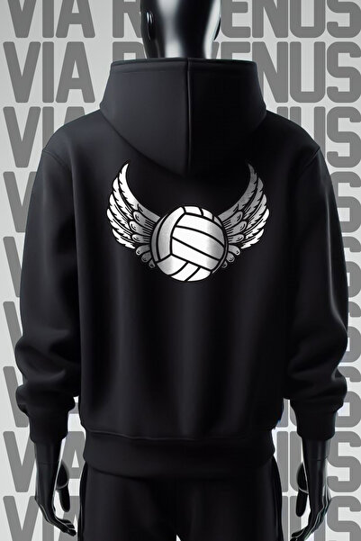 Vordevia Imprimat volei - Hanorac negru cu glugă, cu 3 fire