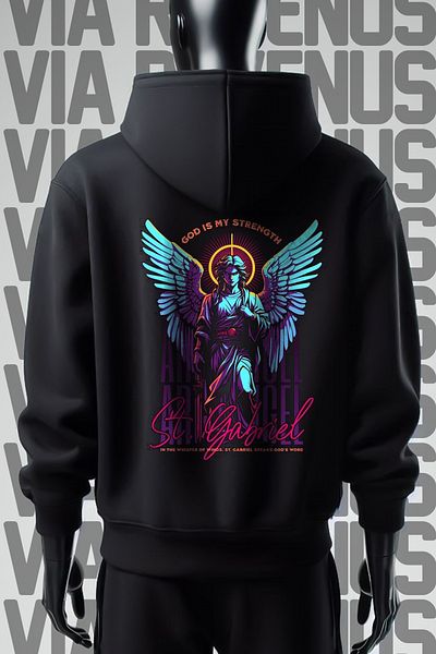 Vordevia Sf. Gabriel 3 fire imprimate - Hanorac negru cu glugă cu croială largă