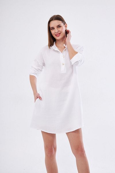 Yıldızistan Women's White Muslin Long Sleeve Prevailing Collar Pocket Casual Summer Tunic Shirt Dress3520260