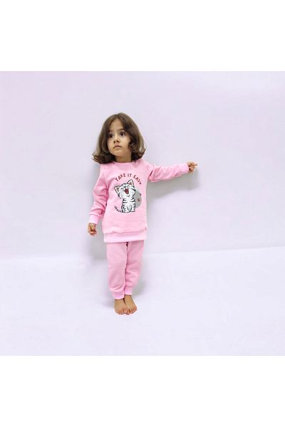 MiraKids Çocuk Giyim Cat Printed Girl's Yarn 2-Piece Hooded Set