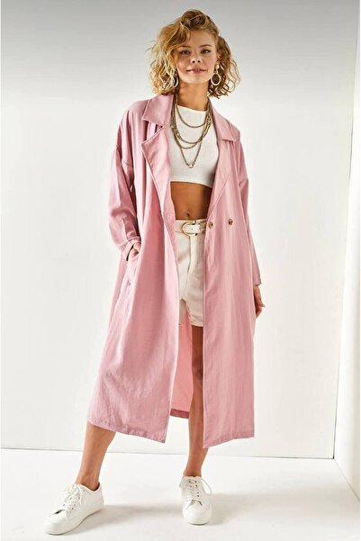 Pasaklı Giyim Kadın Ekstra Bol Kesim Salaş Pembe Kemerli Cepli Düğmeli Yumuşak Dokulu Uzun Trençkot Hırka 3335370