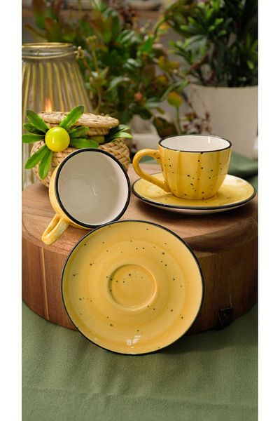 Heda Porselen Alya Hand Decor - 4-Piece 2-Person Porcelain Cup Set, Yellow