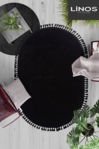 LİNOS HOME Siyah Fluffy Oval Düğüm Saçaklı Post Peluş Halı Antibakteriyel Kay...