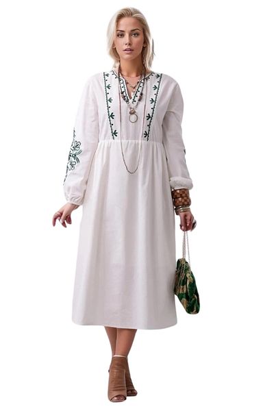 Cassime Rochie de damă din in boem cu guler decupat brodat alb verde