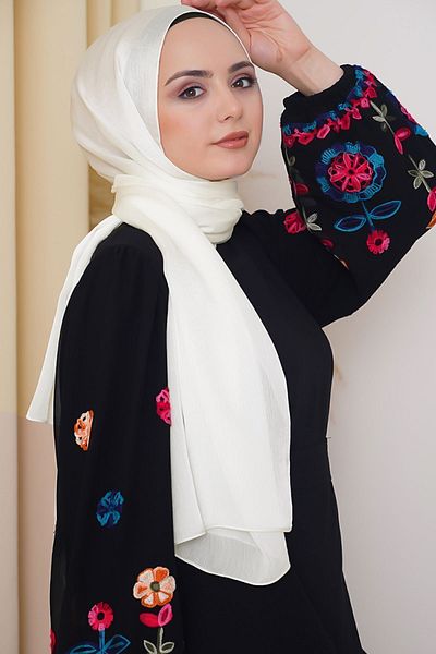 Octopus Shiny Satin Texture - Janjan Evening Dress Hijab Ecru Shawl
