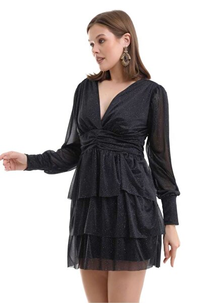 Mois Atelier Gri Simli Siyah Büzgülü Fırfırlı Mini Abiye Nikah Elbise Tasarım Hediye Büyük Beden