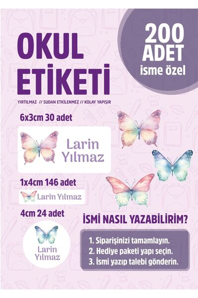 WALLHUMAN Okul Kalem Defter Etiketi Kelebek Temalı Özel Isim Yazılabilen Etik...