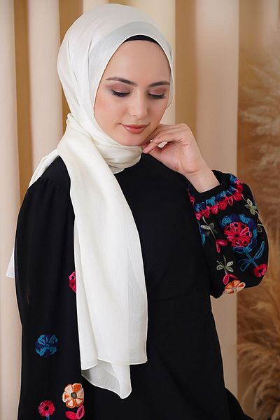 Octopus Shiny Satin Texture - Janjan Evening Dress Hijab Ecru Shawl