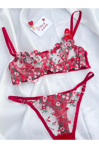 STACE FOR LOVE Red Floral Patterned Embroidery Bra Set