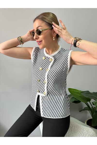 Nopen Knitwear Asymmetrical Cut and Detailed Gold Buttoned Women's Knitwear Vest Sweater