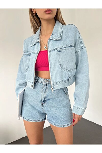 scatola di moda Jachetă din denim cu buzunar dublu cu fermoar