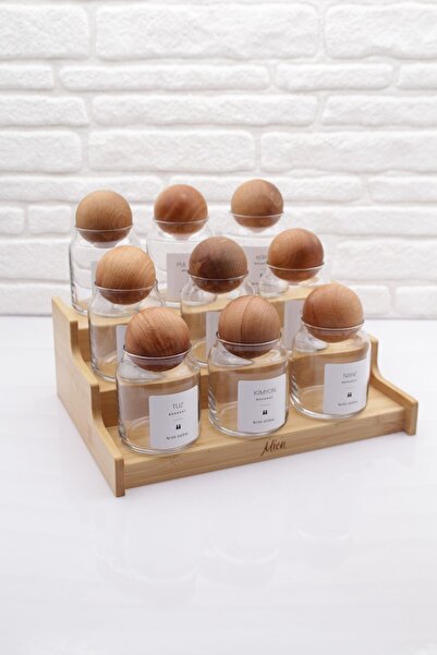 zezedesing Ahşap Top Kapaklı 9'Lu Cam Baharatlık Seti & Bambu Düzenleyici Stant