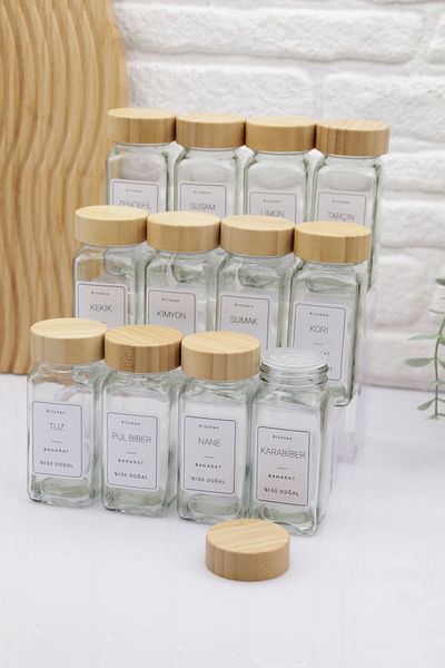zezedesing Bamboo Lid 12-Piece Spice Set with 18 Angled Labels (With Spray Head)