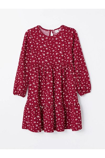 LC Waikiki Lcw Kids - Dried Rose Printed, Flower Patterned Girl's Dress, Crew Neck