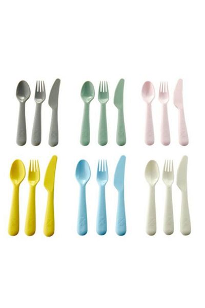 IKEA 18 Piece Children's Plastic Fork-Knife-Spoon Set - Meridyendukkan Pasten, Tone Colors