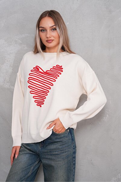 S&A Collectionn Kalp Sa deznom Široki pleteni ženski džemper - okrugla kragna