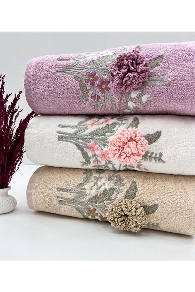AYHANHOME 3D Flower Patterned Dowry Set 3 Pieces 50x90 Hand and Face Towel Set
