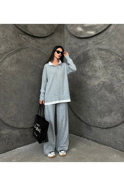 İLKCET MODA طوق القميص - طقم بدلة تريكو سفلية وعلوية