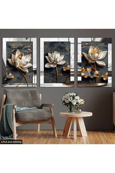 Evinemoda Pictură înrămată cu oglindă din plexiglas argintiu, 3 bucăți, cu aspect floral 3D
