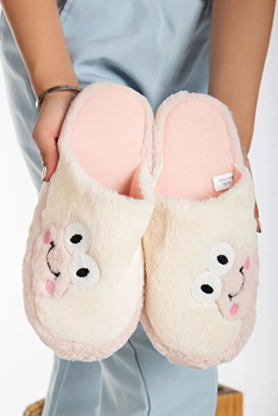 PUSKAS Kadın Kurbağa Figürlü Sessiz Taban Önü Kapalı Peluş Kışlık Kadın Ev Te...