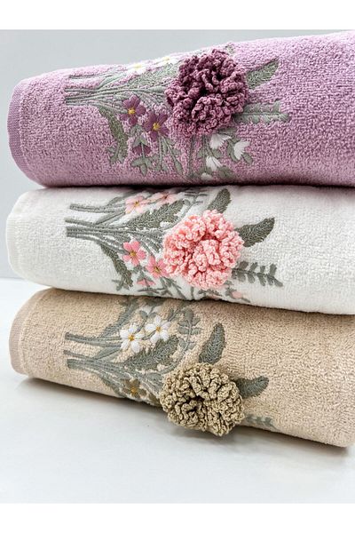 AYHANHOME 3D Flower Patterned Dowry Set 3 Pieces 50x90 Hand and Face Towel Set