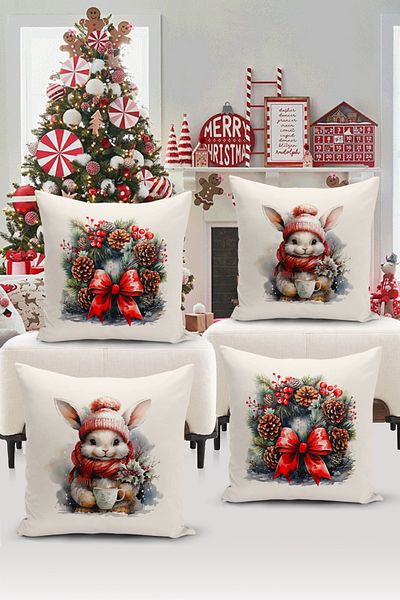 Bertille Home New Year Series - Double Sided Digital Printed 4-Piece Throw Pillow Cover Set (Christmas Christmas Cushion Cover)