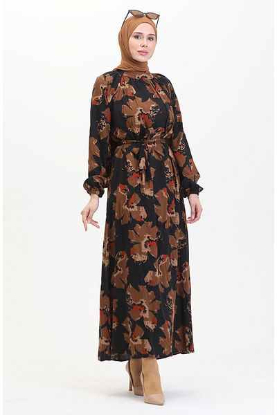 sefamerve Brown Raglan Sleeve Patterned Belted Dress - 0476-06