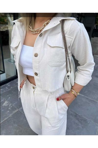 aytenli Raw Linen Set - Mini Jacket, Half Baggy with Buttons and Pockets, Trousers, Autumn