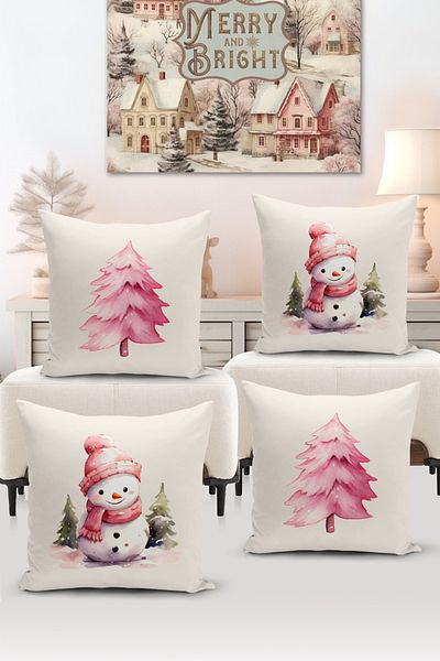 Bertille Home Πρωτοχρονιάτικη Σειρά - Σετ με 4 καλύμματα μαξιλαριού με ψηφιακή εκτύπωση διπλής όψης (Χριστουγεννιάτικο κάλυμμα μαξιλαριού)
