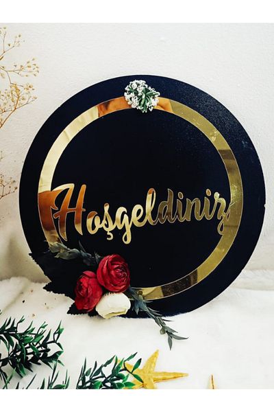 Elzem Ahşap 29 cm Black Wooden - Welcome Door Ornament with Gold Embossed Lettering
