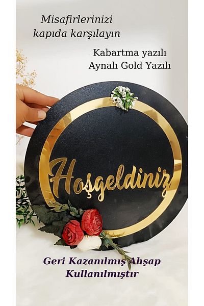 Elzem Ahşap 29 cm Black Wooden - Welcome Door Ornament with Gold Embossed Lettering