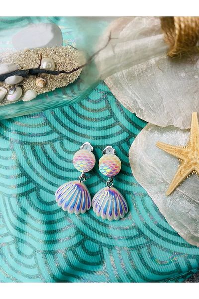 1PARÇAMAVİ White Pearl Mermaid Seashell Non-Perforated Ear Pinch Clip Children's Earrings