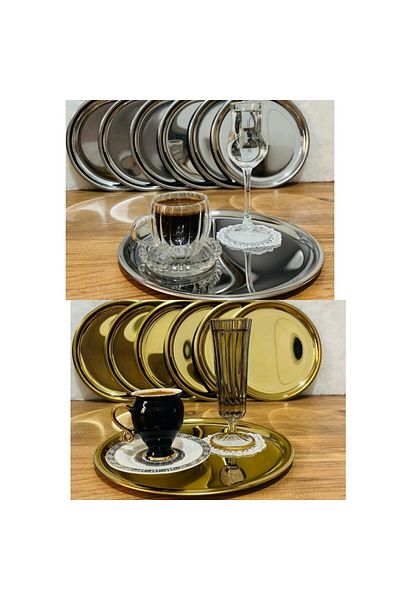 BİMOTE 12-Piece Stainless Steel - Round Coffee Pastry Serving Tray, Silver Gold Decorative Presentation Tray