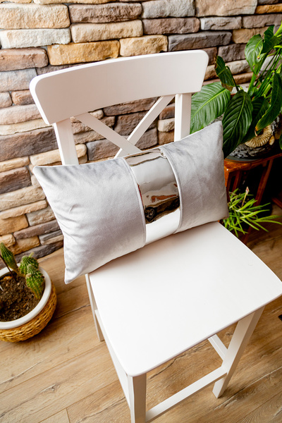 Rayda Home Luna 30*50 Cm - Decorative Gray Silver Shiny Leather Detailed Velvet Throw Pillow Cover