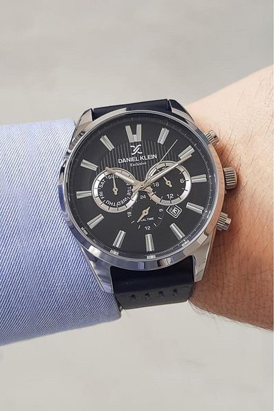 Daniel Klein All Functions Active Black Leather Strap Black Dial Calendar Men's Wristwatch