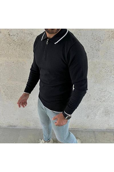 LUPERCUS Black Polo Neck Slim Fit Men's Knitwear Zippered