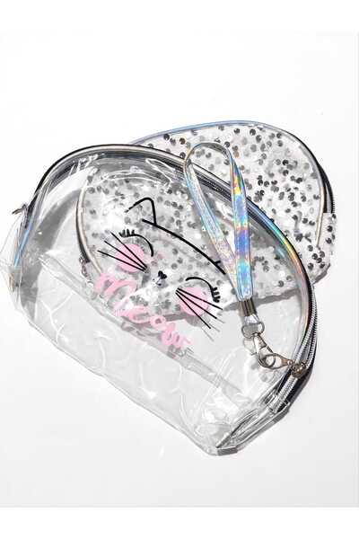 SEVRU مجموعة مكونة من قطعتين بتصميم قطة - حقيبة مكياج نسائية، مع حزام يد وسحاب