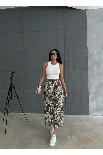 Zeo Basic Gray Camouflage Midi Skirt - Parachute Fabric, Elastic Waist and Legs, Cargo Pocket