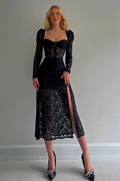 Lusin Black Corset Detailed Romantic Slit Women's Dress - for Wedding, Invitation and Special Occasion