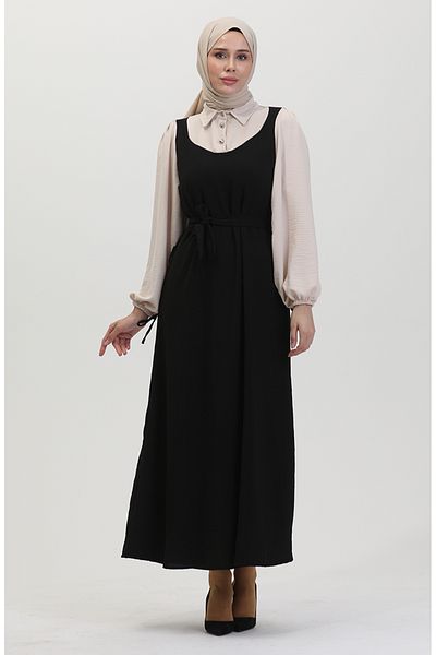 sefamerve Mink Black Belted Gilet Dress - 0490-02